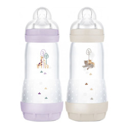 MAM Easy Start Biberons Lilas & Sable anti-colique débit 3 - 2x320ml + Tétine plate