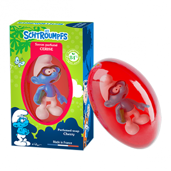Le Comptoir du Bain Les Schtroumpfs savon parfumé cerise 80gr Le Comptoir du Bain Les Schtroumpfs savon parfumé cerise 80gr